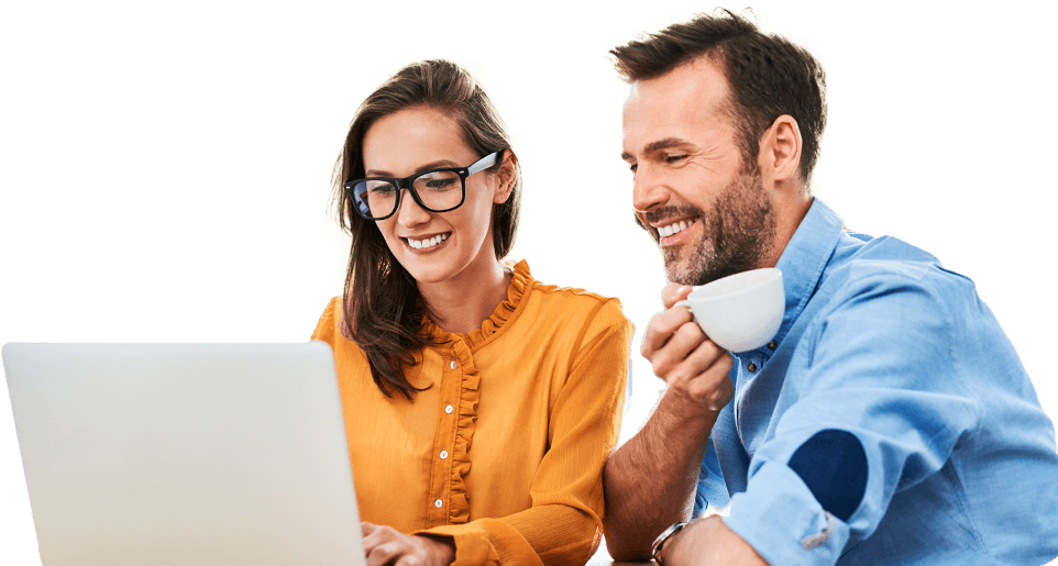 A man and woman sitting at a table with a laptop, featuring Choose My Site Digital Marketing and aligning with data-driven online marketing solutions.